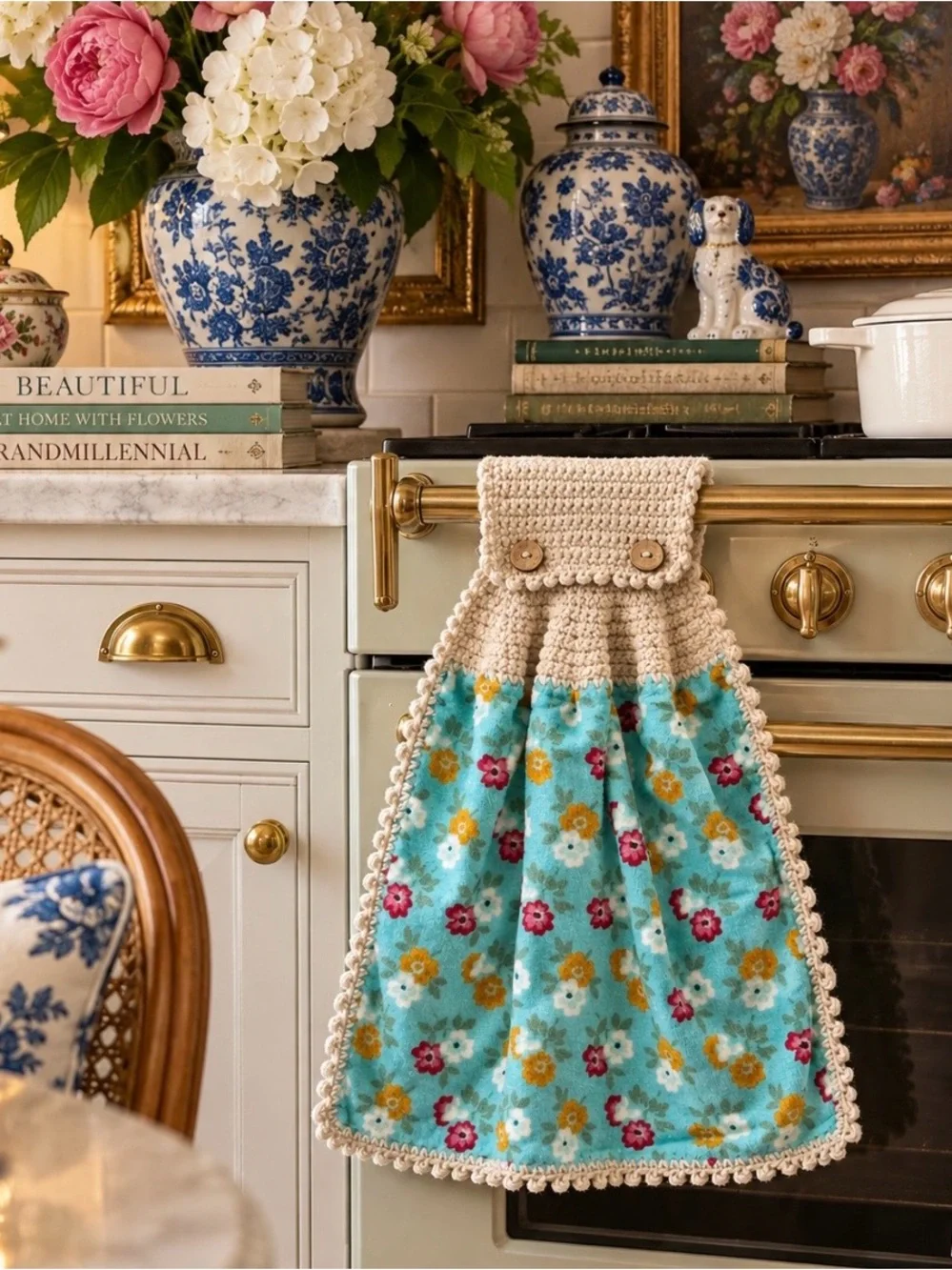 Handmade Pioneer Woman Turquoise Floral Crochet Hanging Kitchen Towel